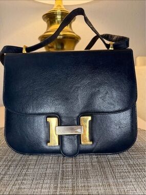 Navy Leather Shoulder Bag with H Hardware